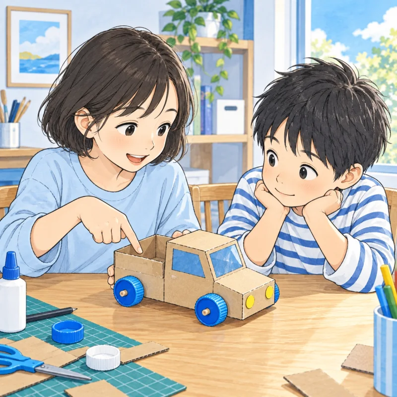 工作の気に入った部分を指さして友だちに見せる子どものイメージ