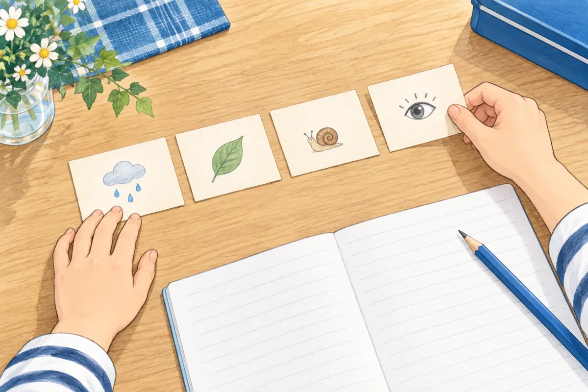 雨、葉、カタツムリ、観察の絵を描いたメモを、ノートの横で並べる手元のイメージ