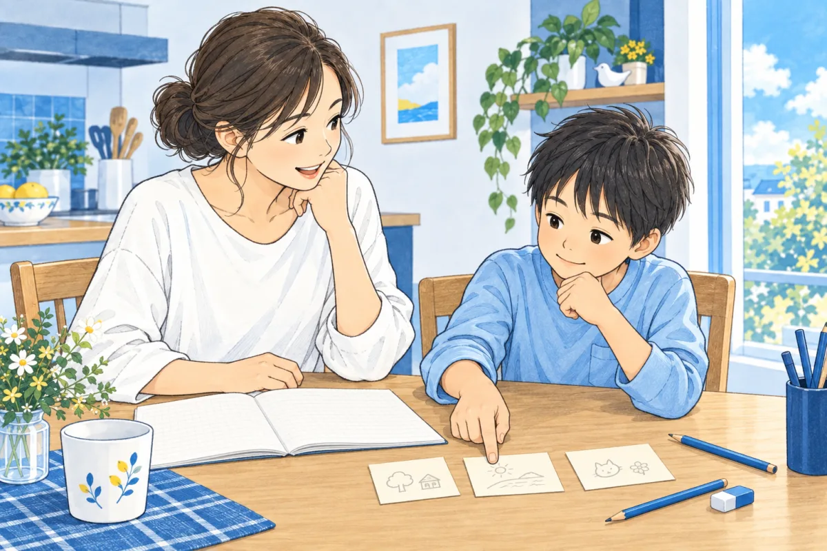 出来事のメモを選びながら、書きたいことを保護者に話す子どものイメージ