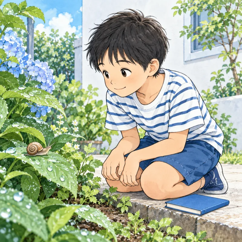 雨上がりの庭で、葉の上のカタツムリをそっと観察する子どものイメージ