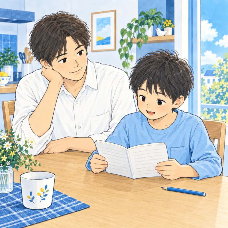 書いたノートを読み返し、一文を確かめる子どもと見守る大人のイメージ