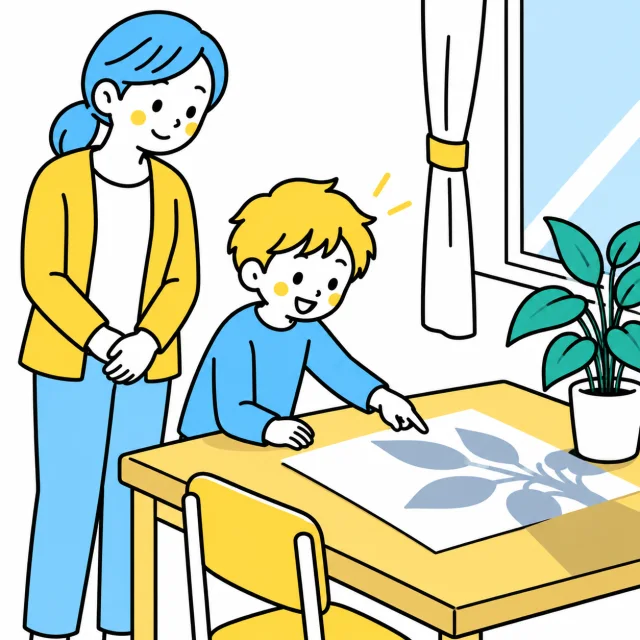 窓辺の葉の影に足を止め、形を指さす子ども