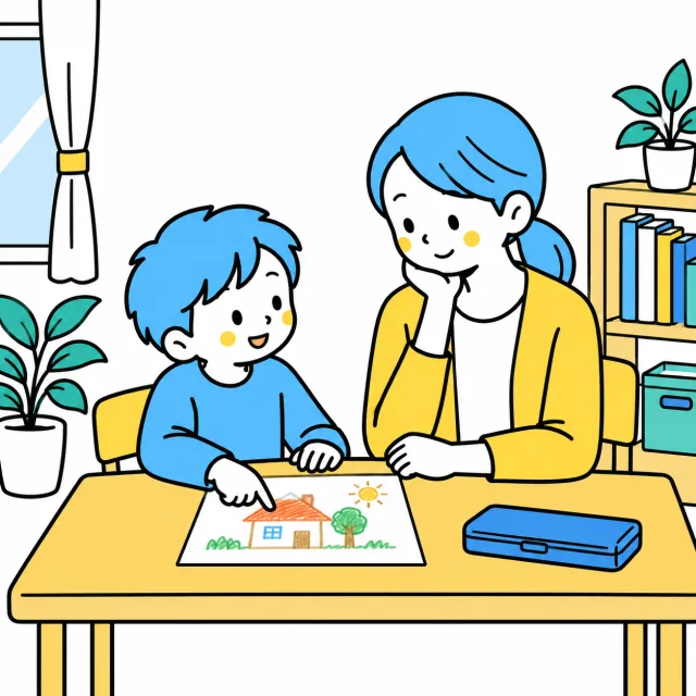 自分の絵の一部分を示しながら、大人と次にしたいことを話す子ども