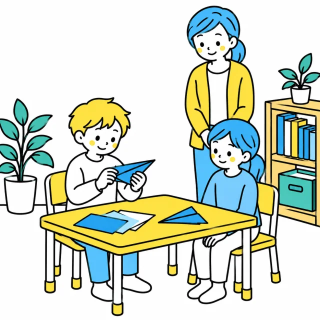 紙飛行機を折る友だちを、隣の椅子から落ち着いて見ている子ども