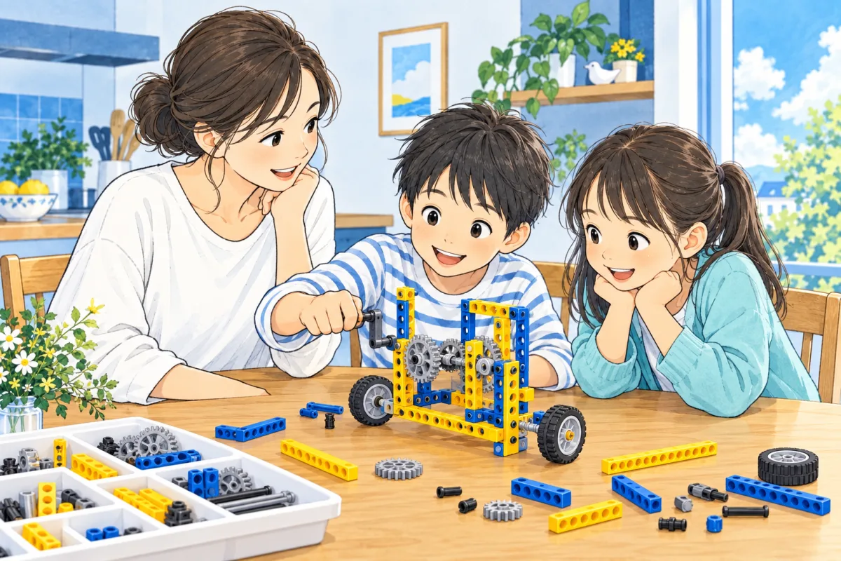 レゴ エデュケーションを用いた機構モデルの動きを確かめる子どもたちの創作場面