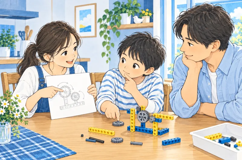 機構の簡単な絵と部品を使って考えたことをスタッフに話す子どもたちの創作場面