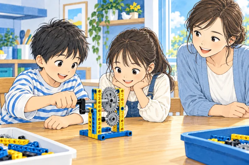 手回しの機構モデルを動かし歯車の様子を観察する子どもたちの創作場面