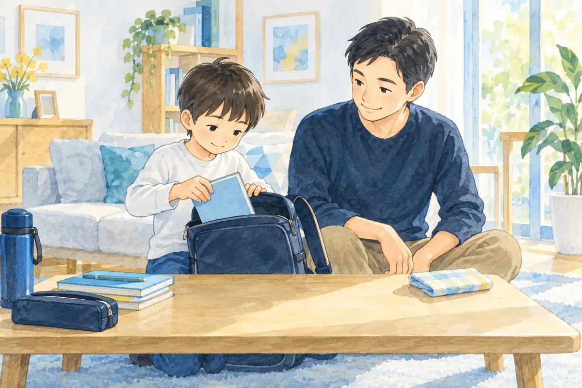 通学用かばんにノートをしまう子どもと隣で見守る父親のイメージ