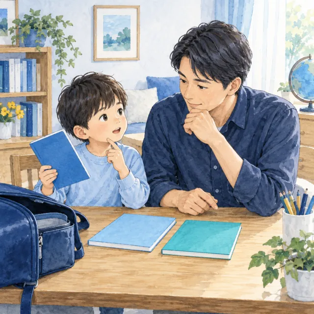 持っていくノートについて父親に相談する子どものイメージ