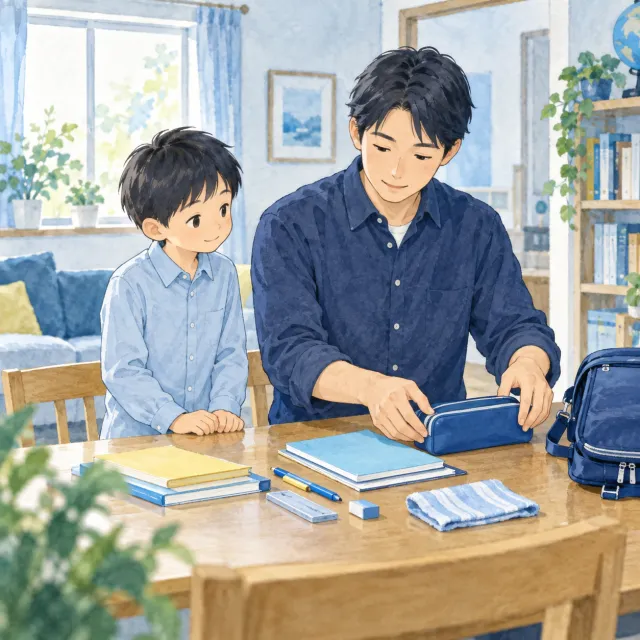 父親が筆箱やノートを並べ、準備の手順を子どもに見せるイメージ
