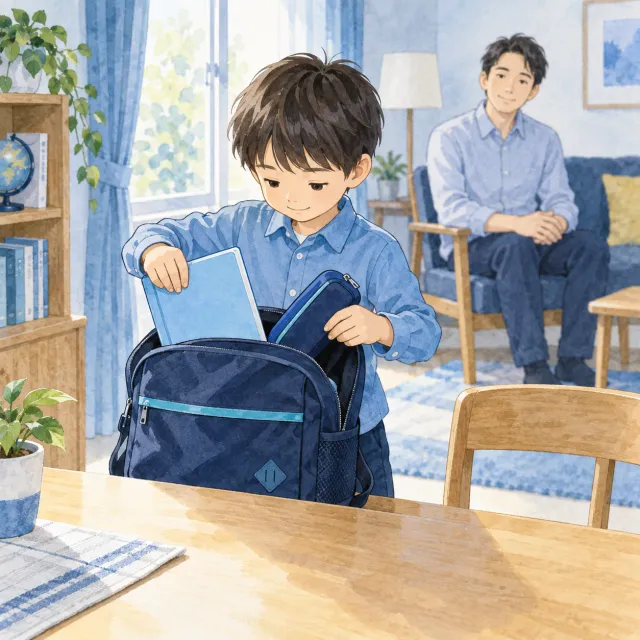自分で通学用かばんを準備する子どもと、少し離れて見守る父親のイメージ