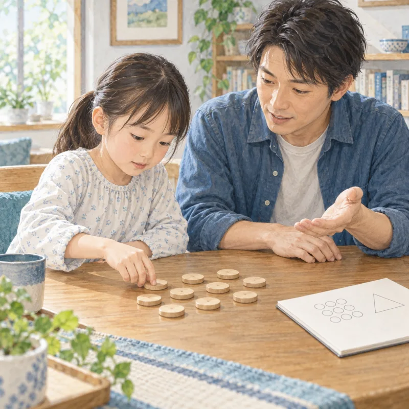 父親と子どもが木の丸いチップを並べ、具体物を使って考えるイメージ