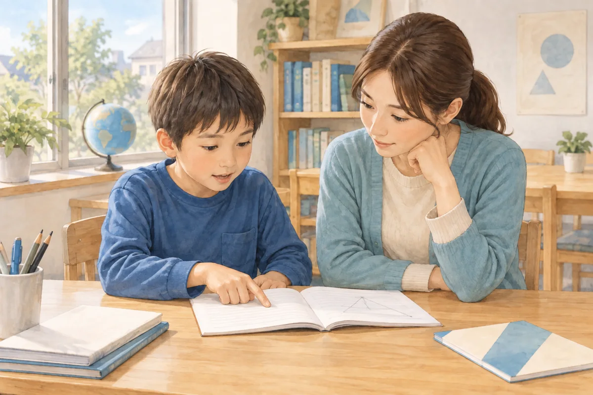 ノートの一部を指差しながら、横に座るスタッフに相談する子どものイメージ