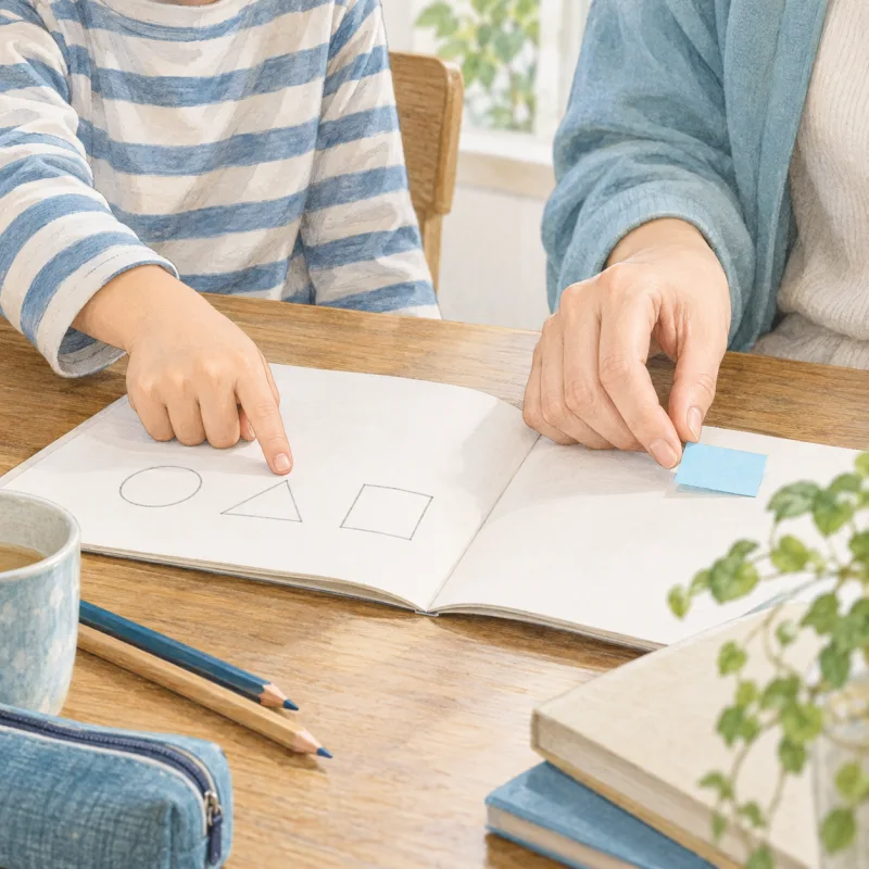冊子の図を指差す子どもと、付箋で場所を示す大人の手のイメージ