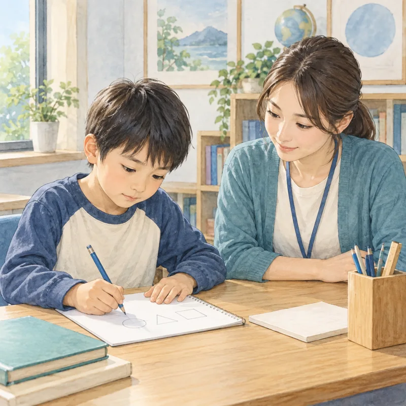 相談のあとノートで一つ試す子どもと、横で見守るスタッフのイメージ