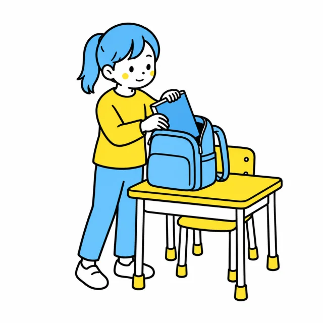 一区切りついたノートを閉じ、かばんにしまう子ども