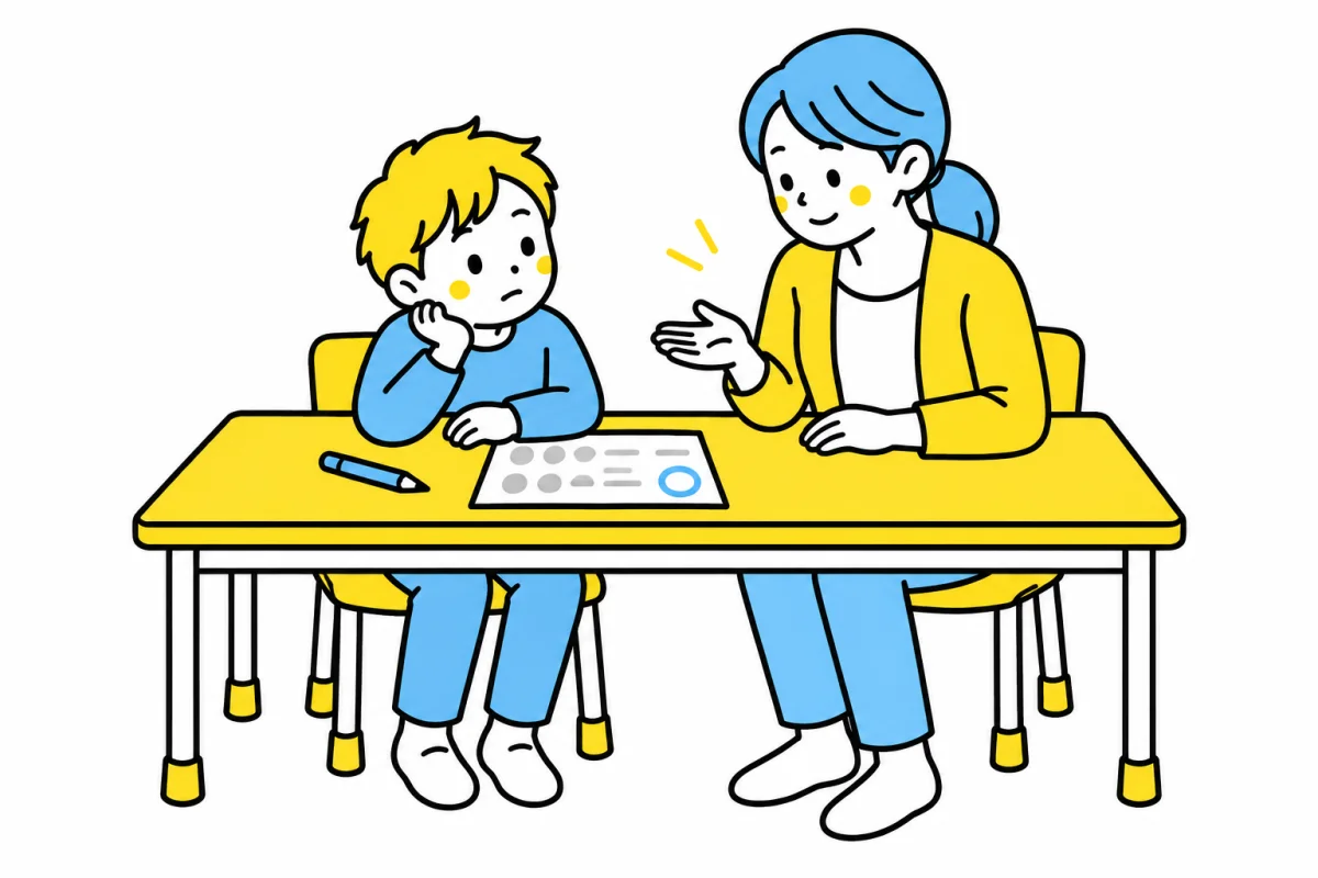 丸つけの後で手を止めた子どもに、保護者が穏やかに声をかける