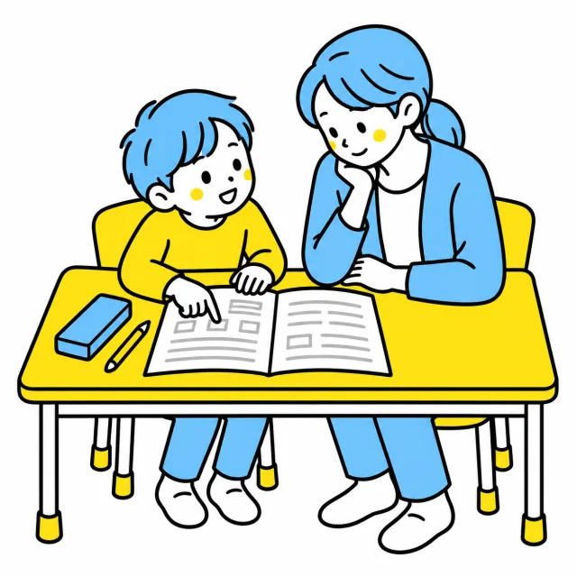 自分が書いたノートの一部分を示しながら、大人と話す子ども