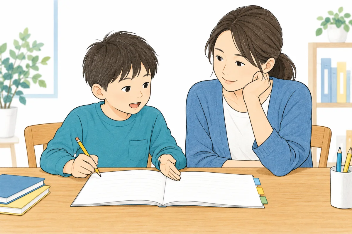 ノートを見ながら取り組んだことを話す親子のイメージ