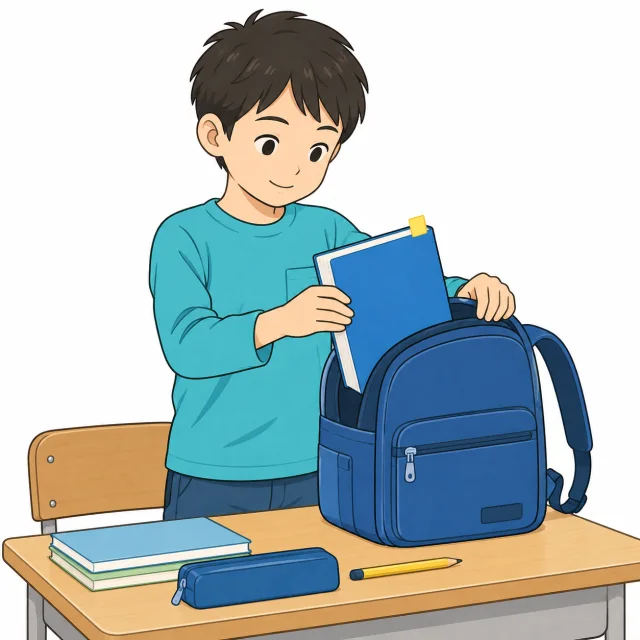 質問の目印を残したノートをかばんへしまう子どものイメージ