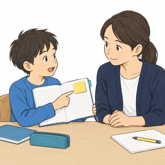 付箋のあるノートを見せてスタッフに質問する子どものイメージ