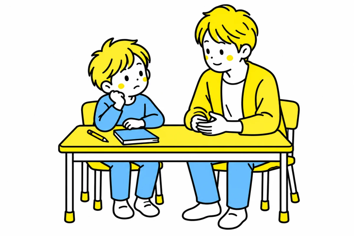 宿題に気が進まない子どものそばで、保護者が穏やかに話を聞く
