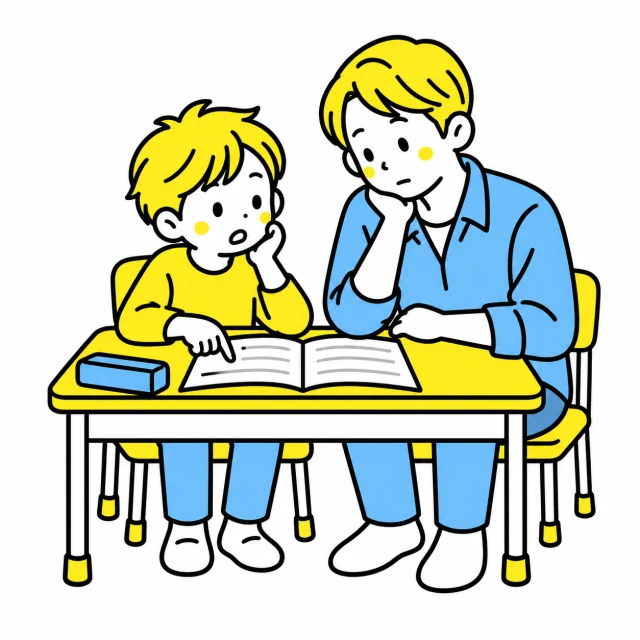 子どもが止まった問題を指し、保護者と一緒にノートを確かめる