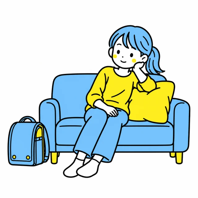 ランドセルを置き、ソファでひと息つく小学生