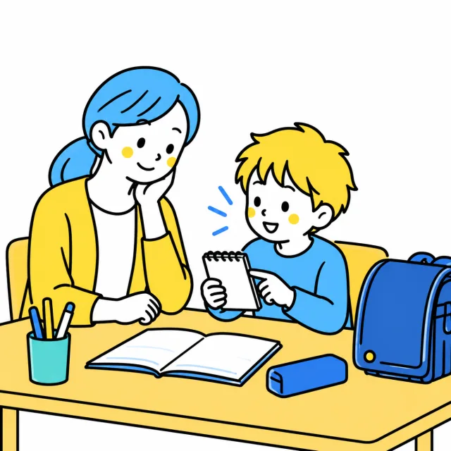 短いメモを見せながら、宿題の様子を保護者に話す子ども
