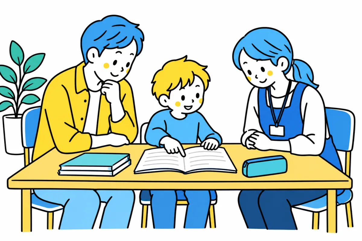 ノートを指す子どもの話を、保護者と学童スタッフが一緒に聞く