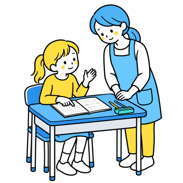 ノートの途中を指し、スタッフに質問する子ども