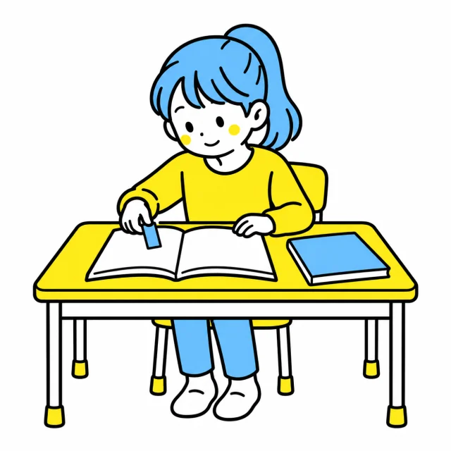 ノートの確認する場所に目印を添える子ども