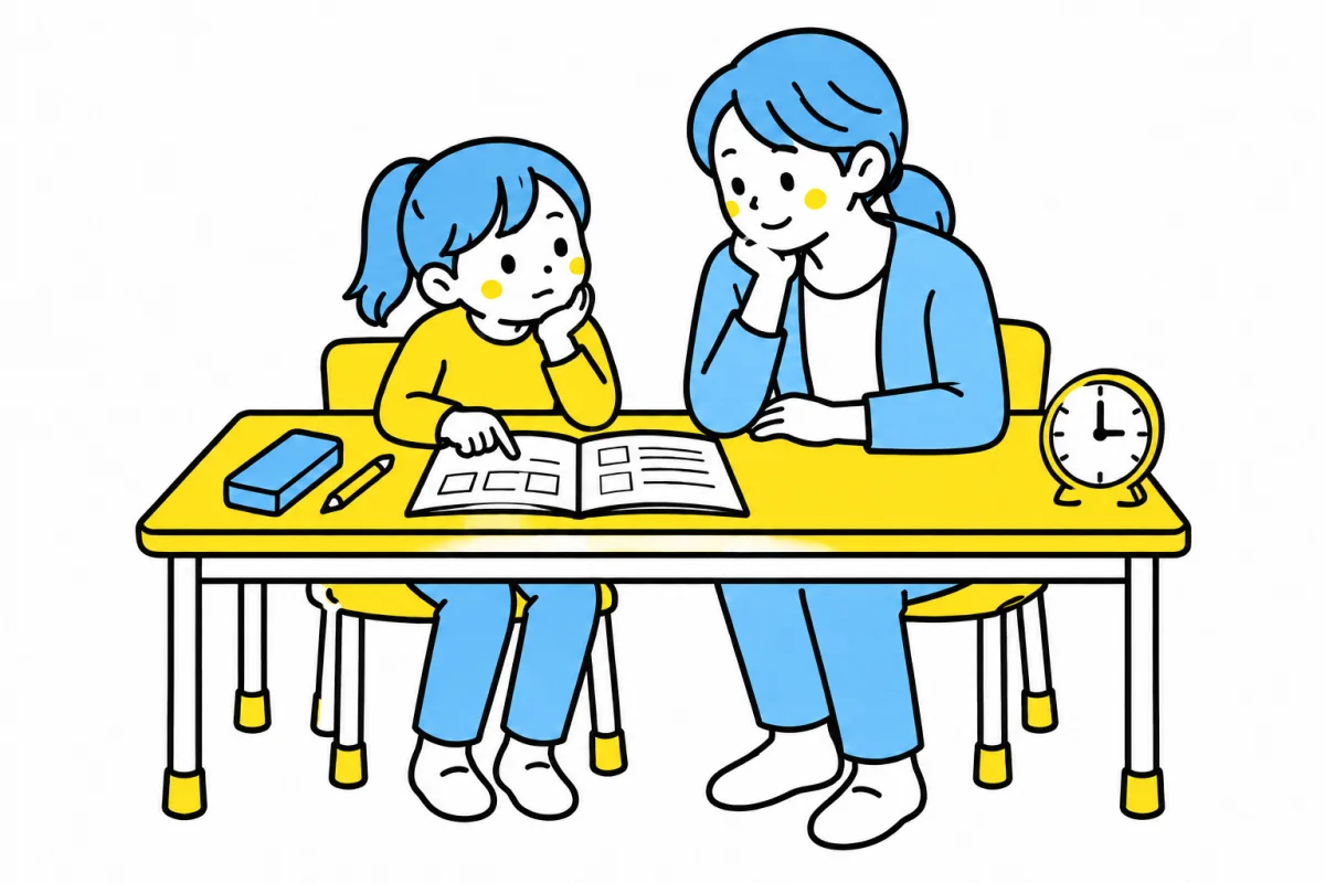 宿題の途中で止まった場所を、保護者に指し示す子ども