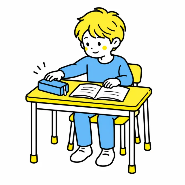 宿題のノートの横に筆箱を用意する子ども