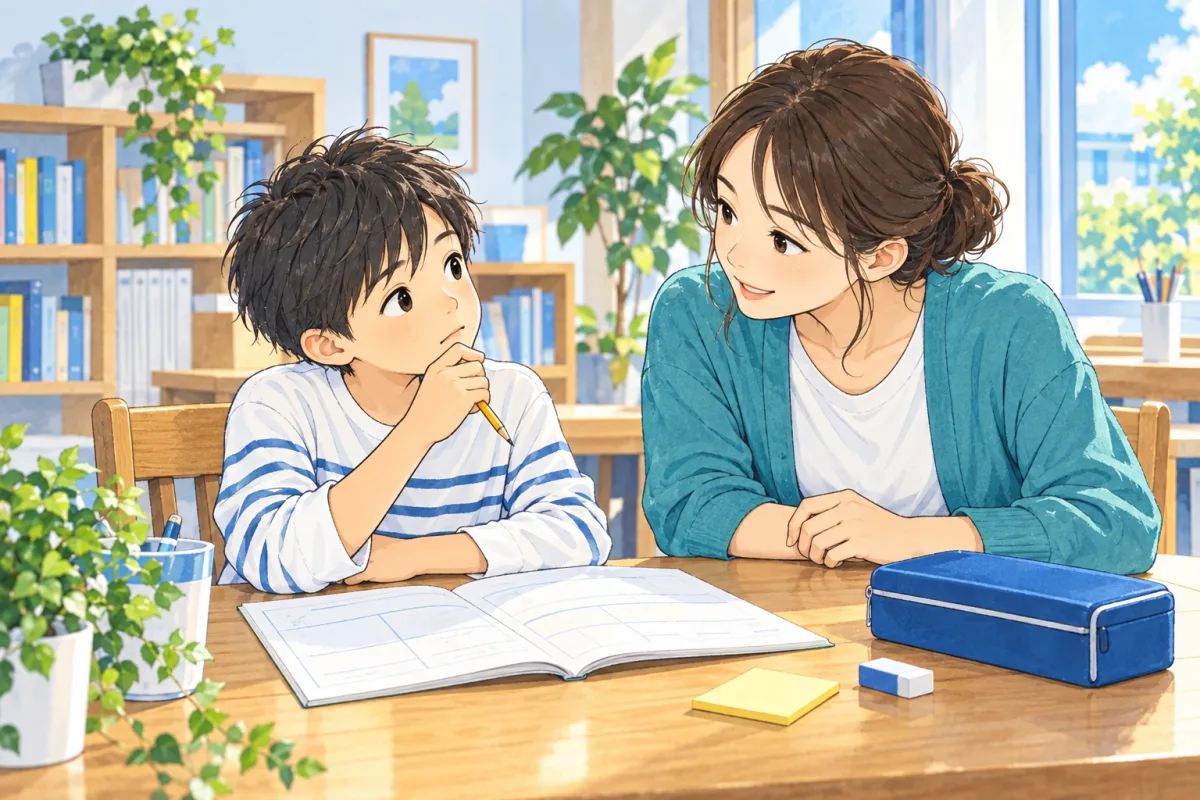 宿題の途中で考える子どもの話をスタッフが聞く創作場面