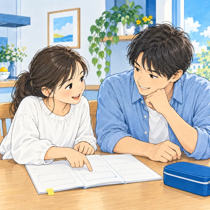 子どもがノートの困った箇所を指で示しスタッフが聞く創作場面
