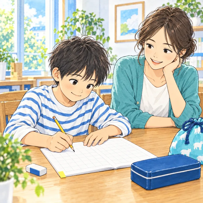 相談後に子どもがノートへ取り組みスタッフが見守る創作場面