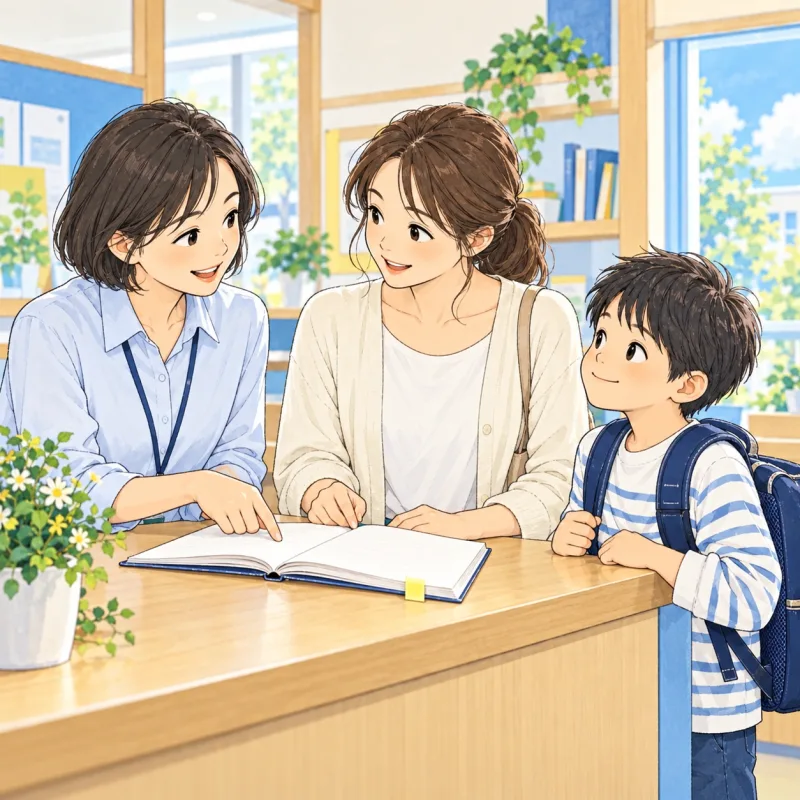 スタッフと保護者がノートを見ながら子どもの取り組みを共有する創作場面