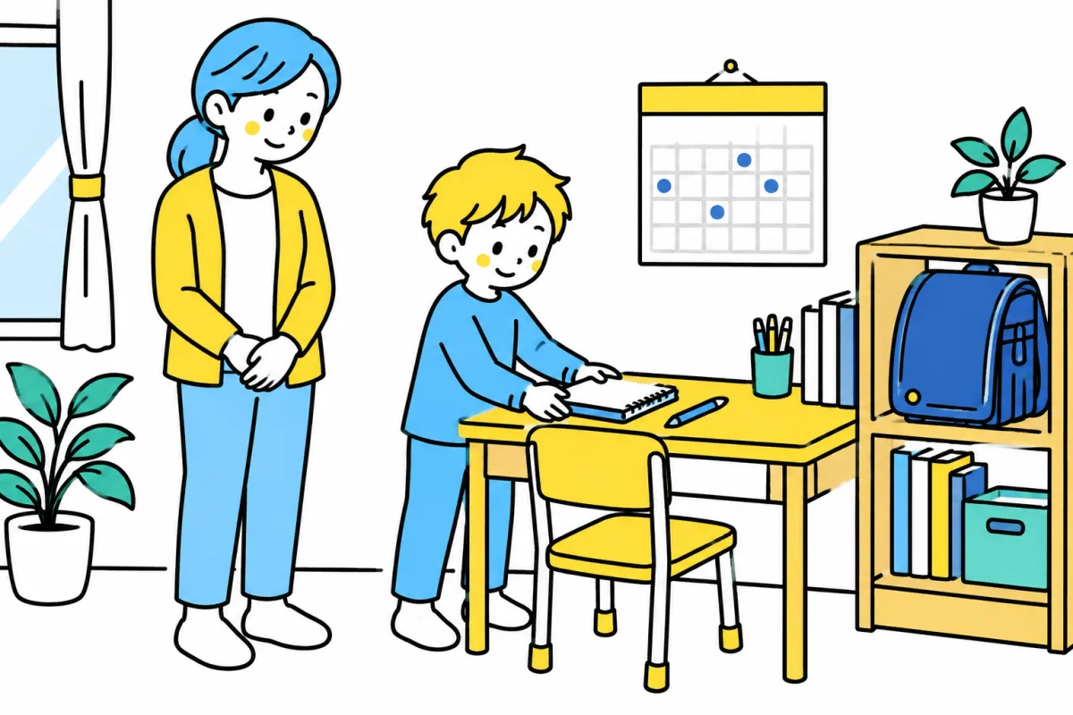保護者が見守る中、子どもがいつもの机にノートと鉛筆を用意する