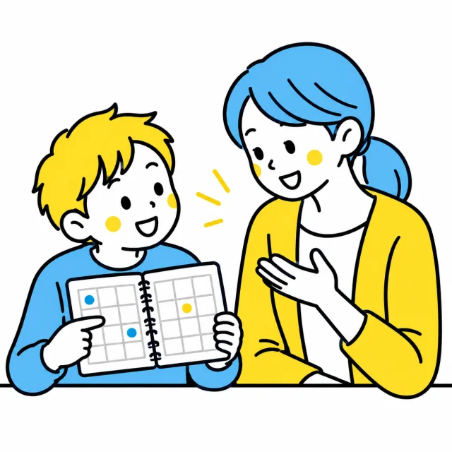 一週間の記録を見ながら、子どもと保護者が話している