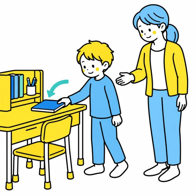 保護者に見守られ、いつもの机へノートを戻して再開する子ども