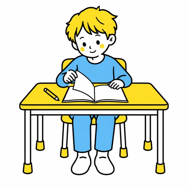 机に座ってノートを開き、最初の一歩を始める子ども