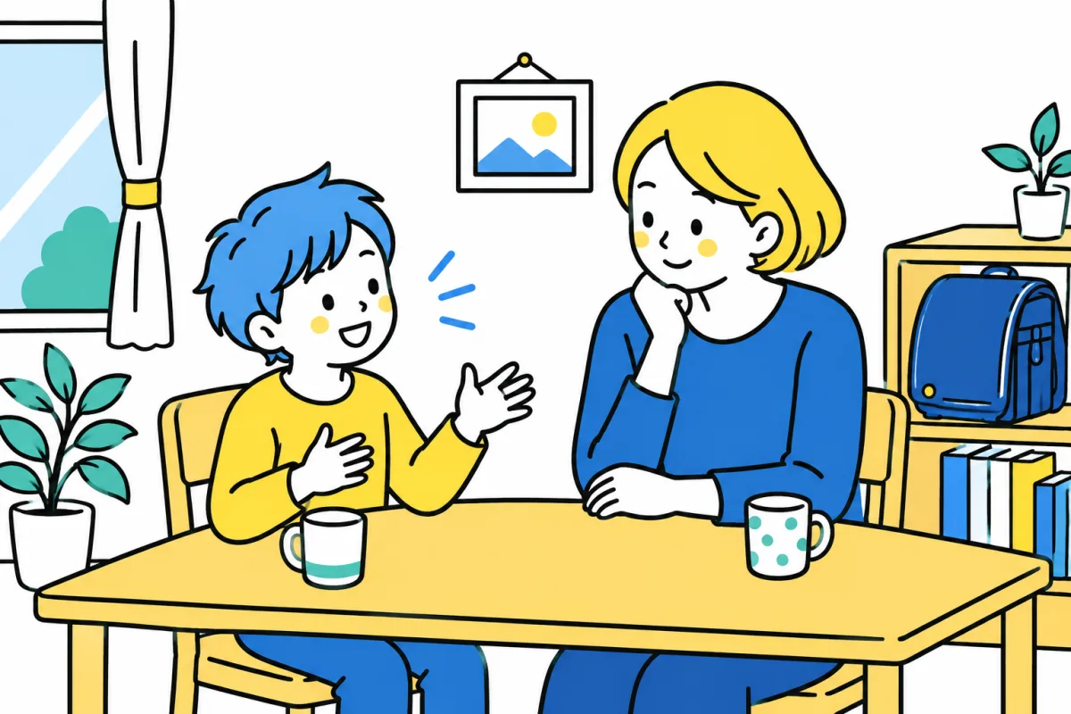 帰宅後の出来事を話す子どもと、同じ目線で話を聞く保護者
