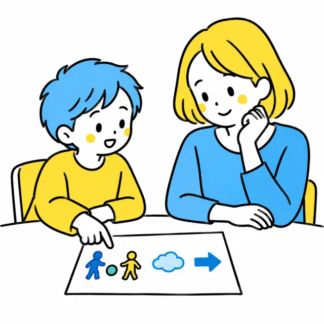 出来事と気持ちと次の希望を、小さな絵のメモで一緒に整理する親子