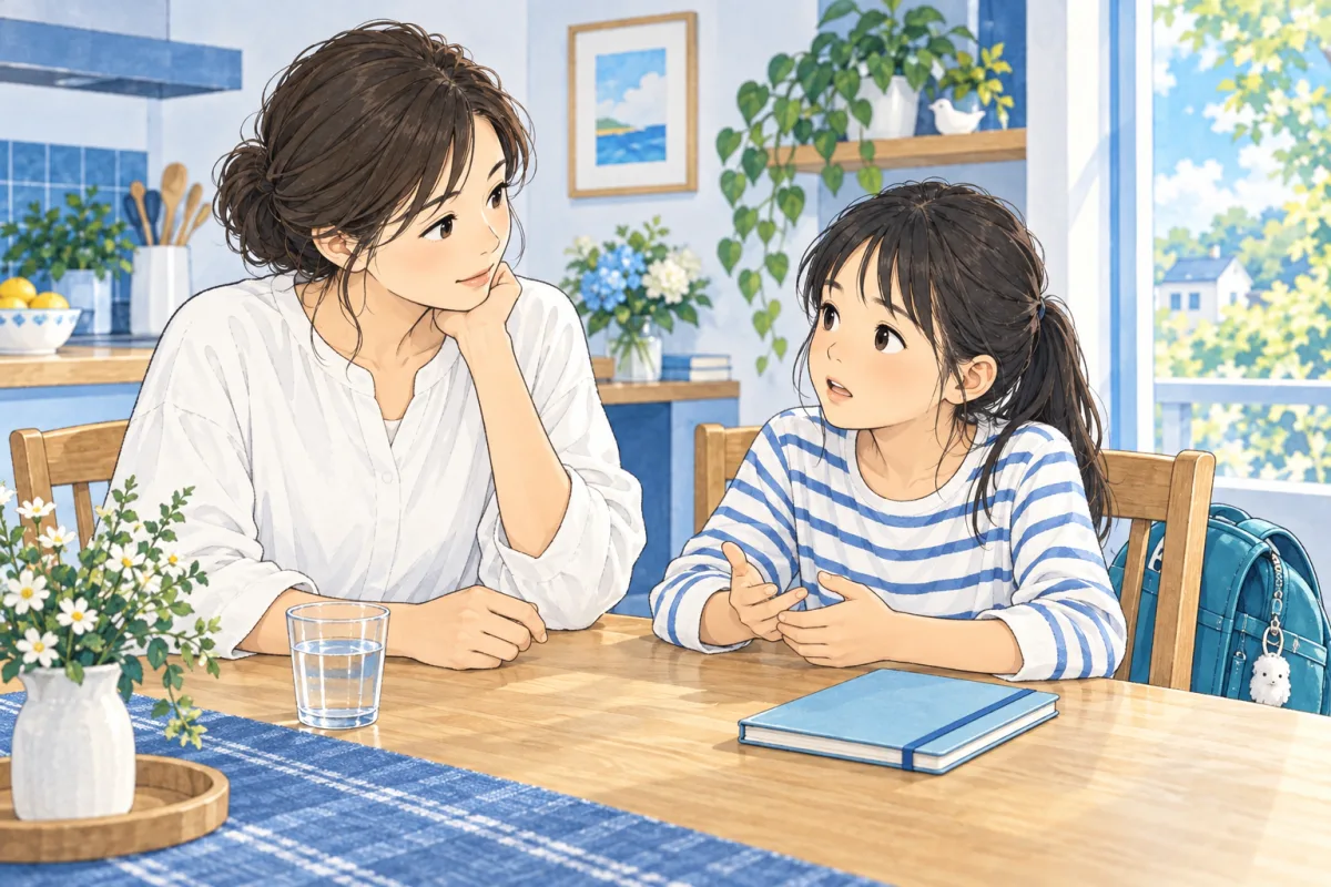 帰宅後、友だちとの出来事を話す子どもと静かに聞く保護者のイメージ