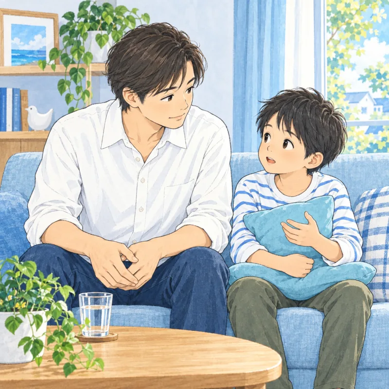 ソファで子どもの話に耳を傾ける父親のイメージ