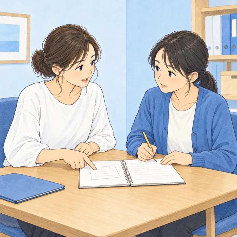 メモを見ながら保護者とスタッフが落ち着いて相談するイメージ