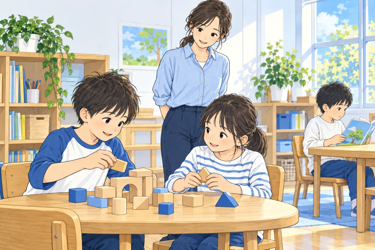 遊ぶ子と本を見る子が同じ室内で過ごす、学童の自由時間を考える創作イラスト