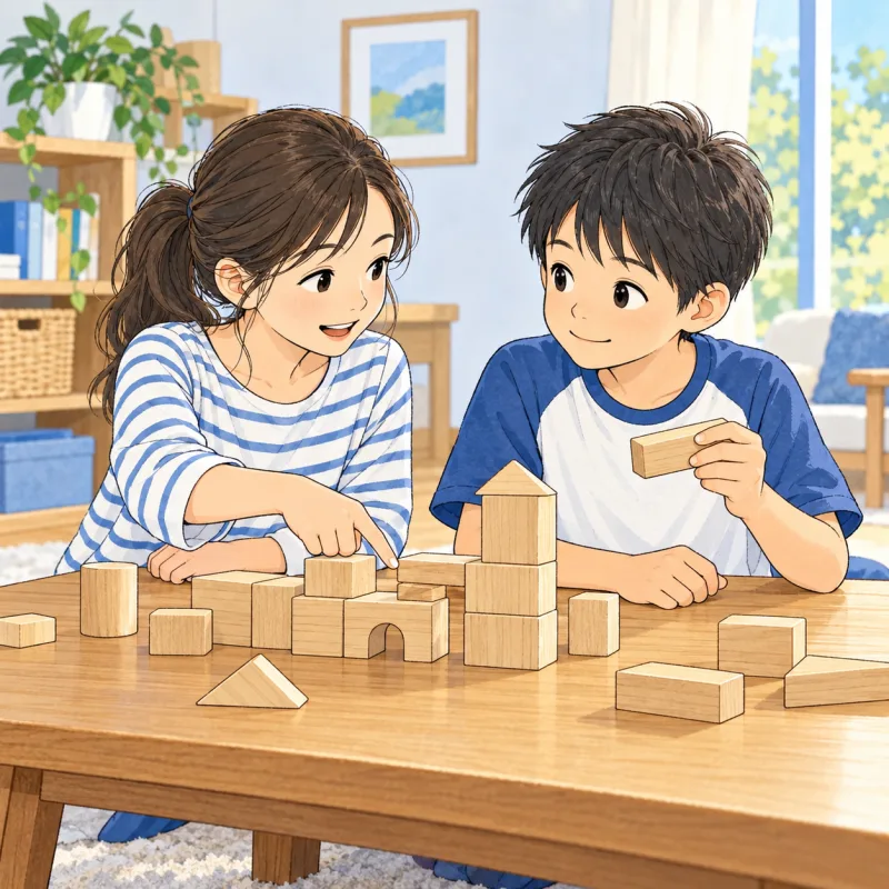 木のブロックの置き方を相談しながら遊ぶ小学生の創作場面