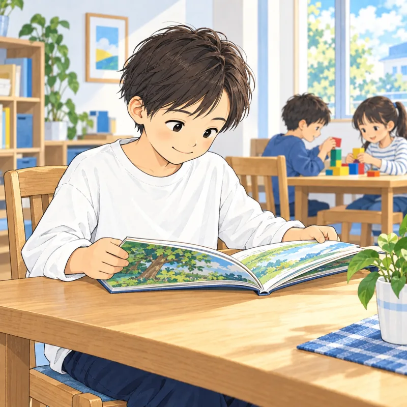友だちの遊びから少し離れ、落ち着いて本を眺める小学生の創作場面
